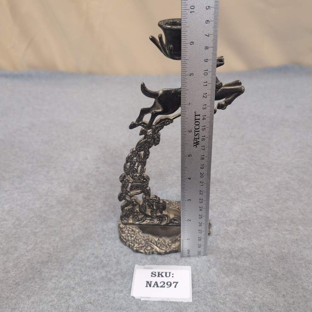 Silver Tone Leaping Reindeer Taper Candle Holder Holly Berry Base Holiday Decor - Picture 7 of 7